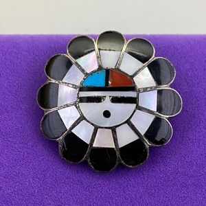 💛 Vintage Zuni Sterling Silver Sunface Inlay Brooch | Native American Jewelry